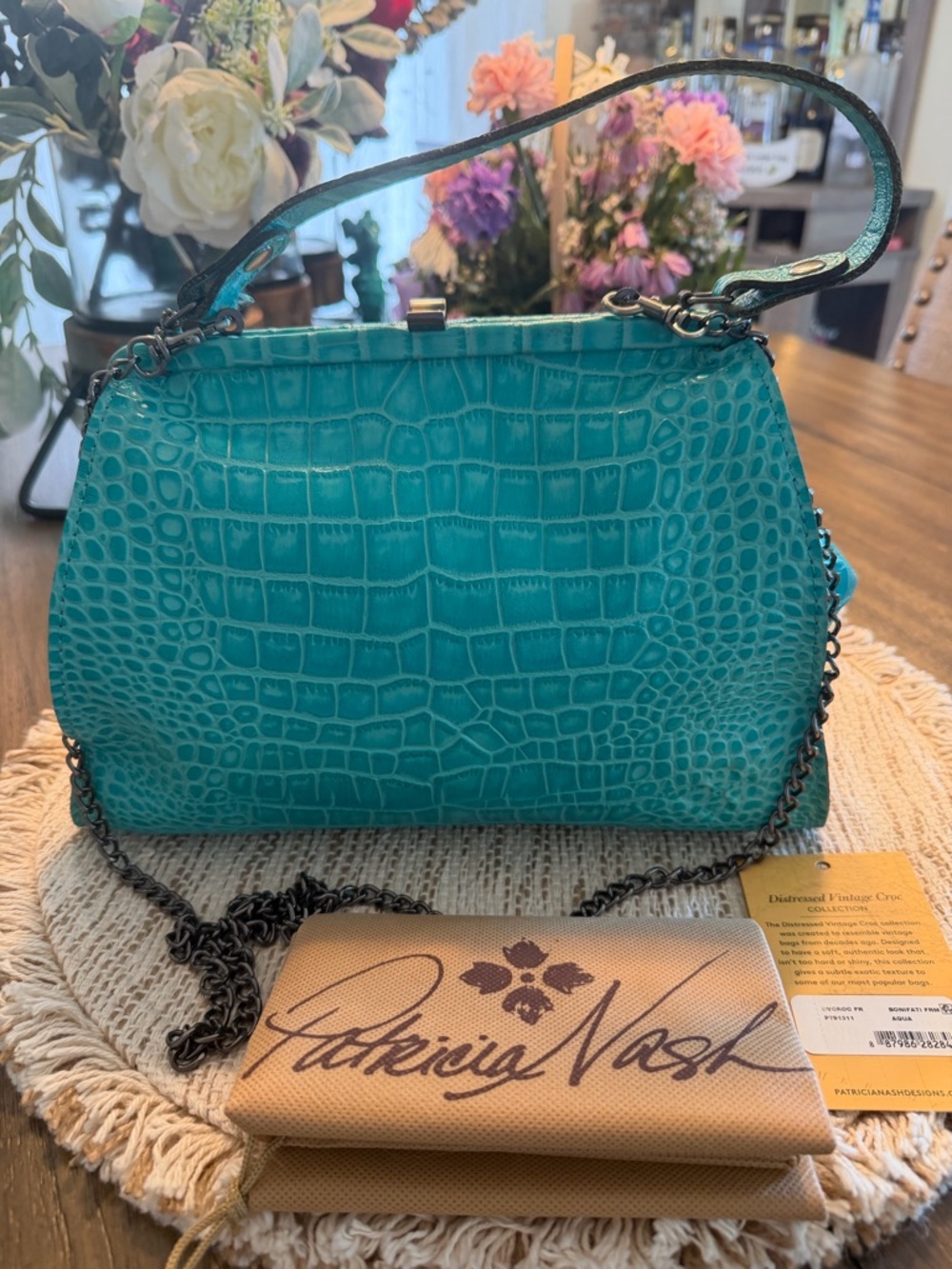 Patricia Nash Vintage Croc-Embossed Leather Shoulder Bag with Chain Strap